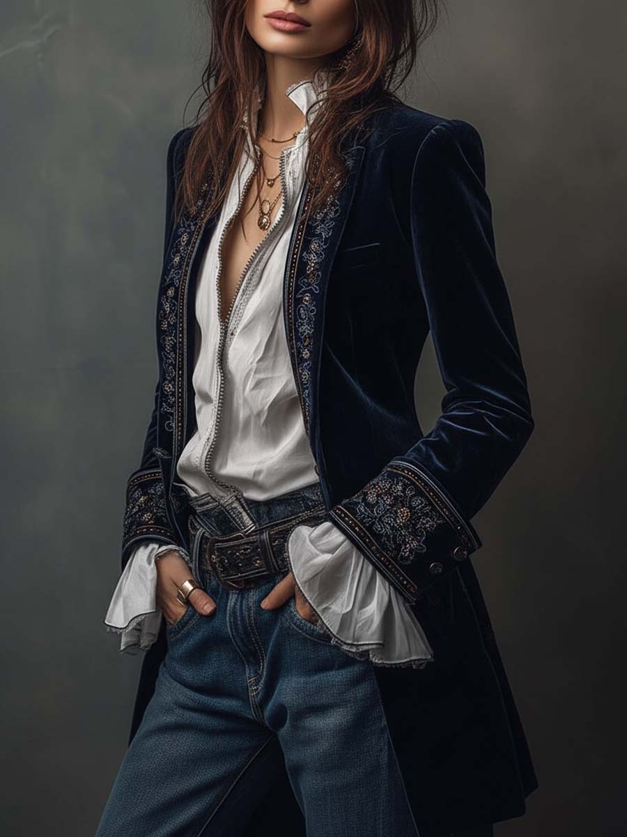 ATHÉNAÏS | CHAQUETA LARGA VINTAGE BORDADA EN AZUL MARINO