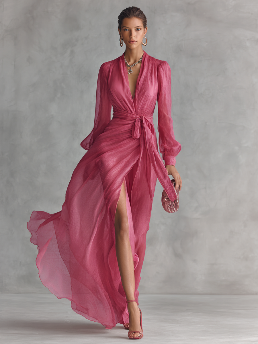 MAYLIS | VESTIDO LARGO DE GASA ROSA CON CUELLO EN V