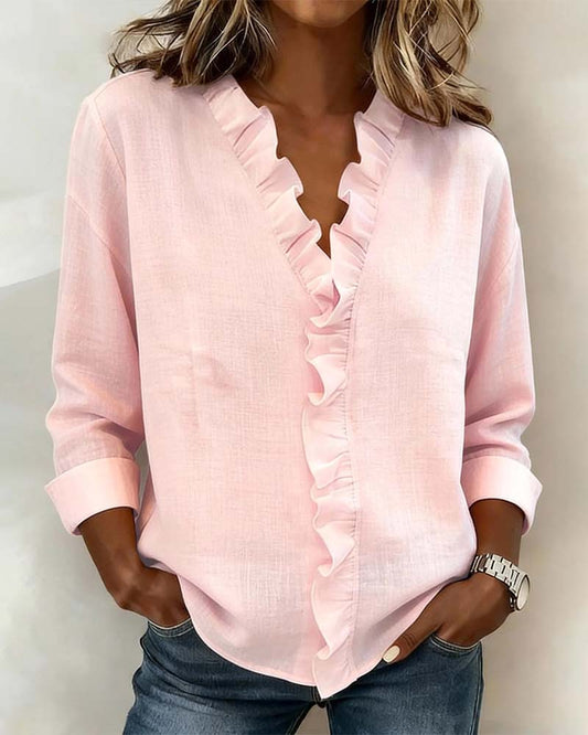 BLUSA FRUNCIDO CUELLO DE V MANGA LARGA