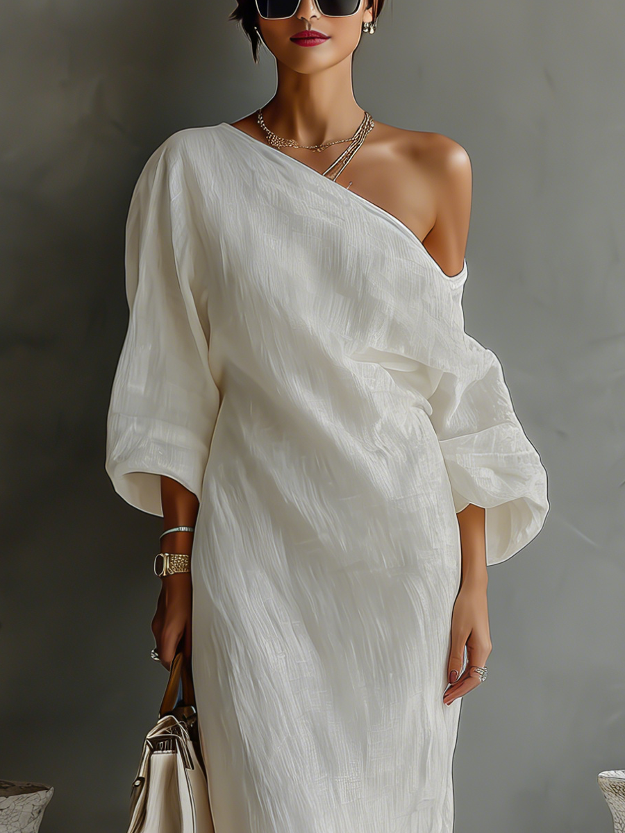 ISAURE | VESTIDO FLUIDO DE LINO CON HOMBROS DESCUBIERTOS