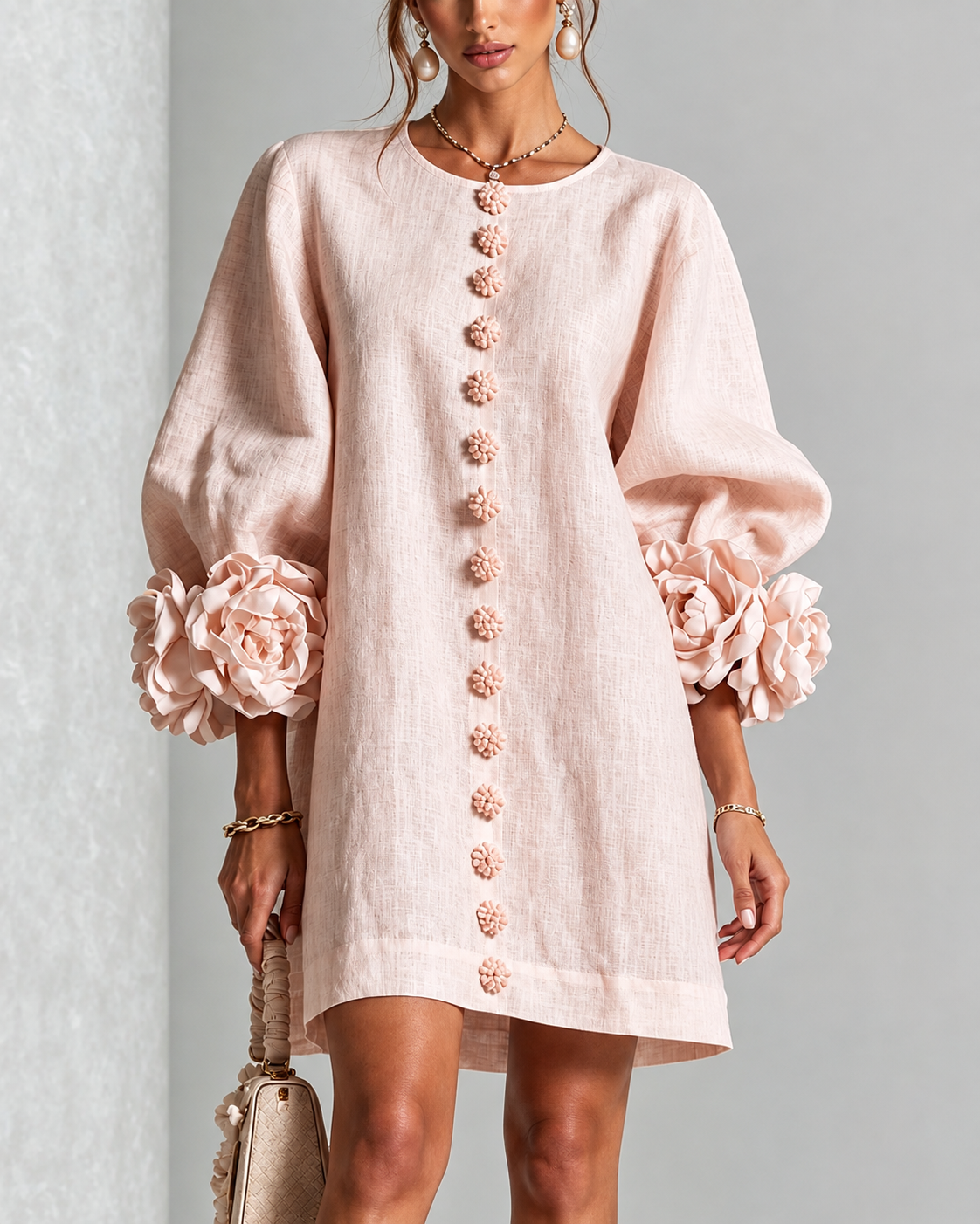 VESTIDO CORTO BLANCO FLORAL ABOTONADO CON MANGAS FLORALES