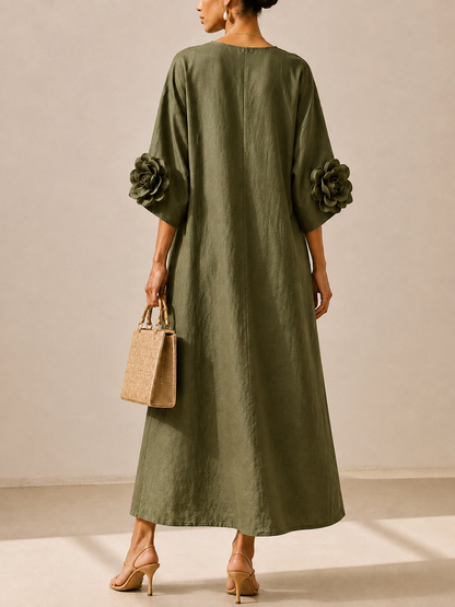 VESTIDO  VERDE OLIVA CON ESCOTE EN V Y MANGAS FLORALES LLAMATIVAS