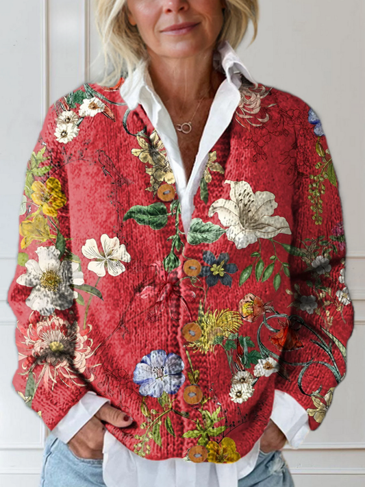 CÁRDIGAN ABOTONADO CON ESTAMPADO ARTÍSTICO FLORAL VINTAGE