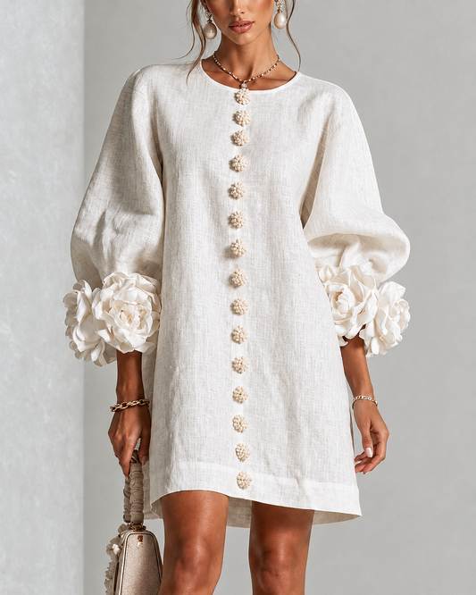 VESTIDO CORTO BLANCO FLORAL ABOTONADO CON MANGAS FLORALES