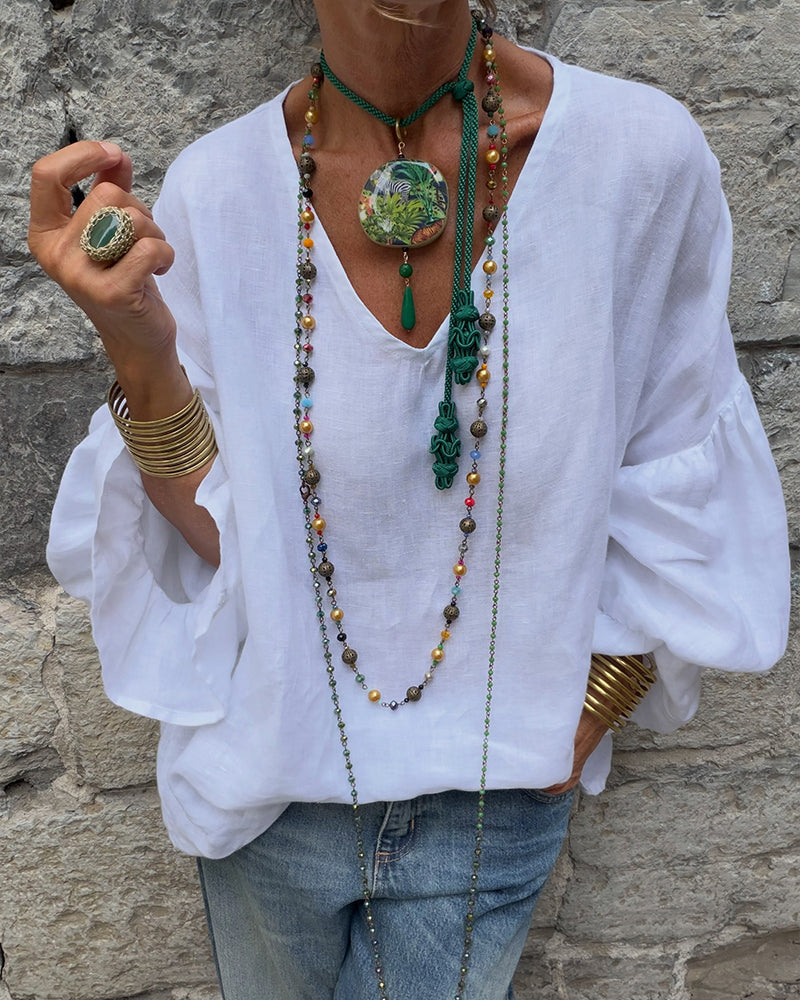 BLUSA CUELLO DE V VOLANTE CASUAL LISA