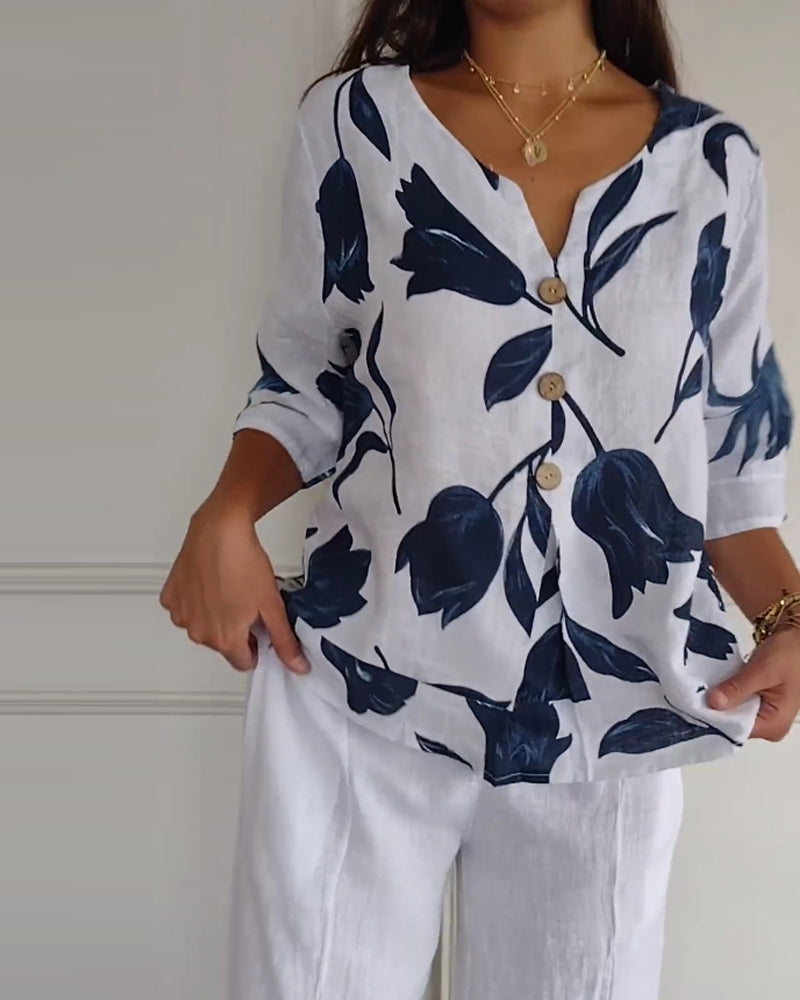 TOP ABOTONADO DE ALGODÓN Y LINO ESTAMPADO FLORAL