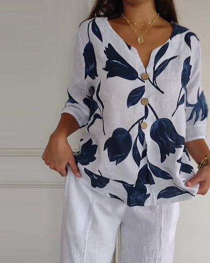 TOP ABOTONADO DE ALGODÓN Y LINO ESTAMPADO FLORAL