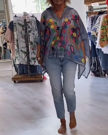 BLUSA ESTAMPADO ASIMÉTRICO FALSO DENIM