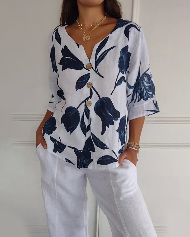 TOP ABOTONADO DE ALGODÓN Y LINO ESTAMPADO FLORAL