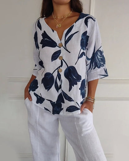 TOP ABOTONADO DE ALGODÓN Y LINO ESTAMPADO FLORAL