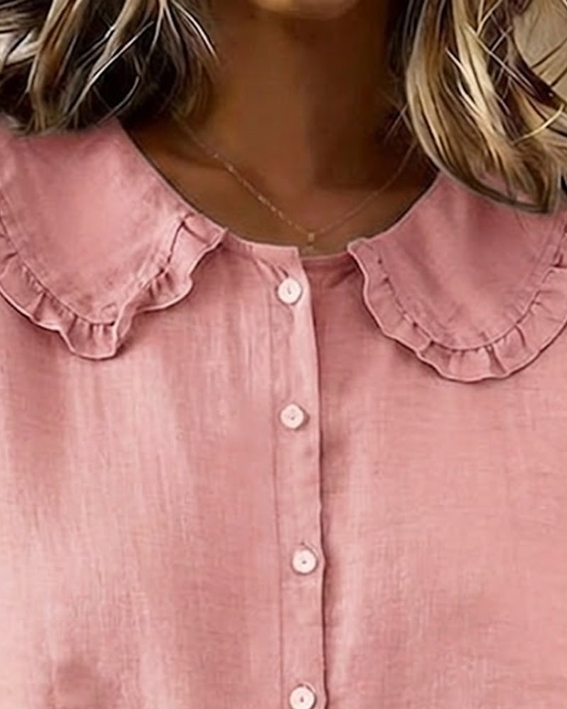 CAMISA CUELLO PETER PAN VOLANTE ALGODÓN Y LINO BOTONES DELANTEROS