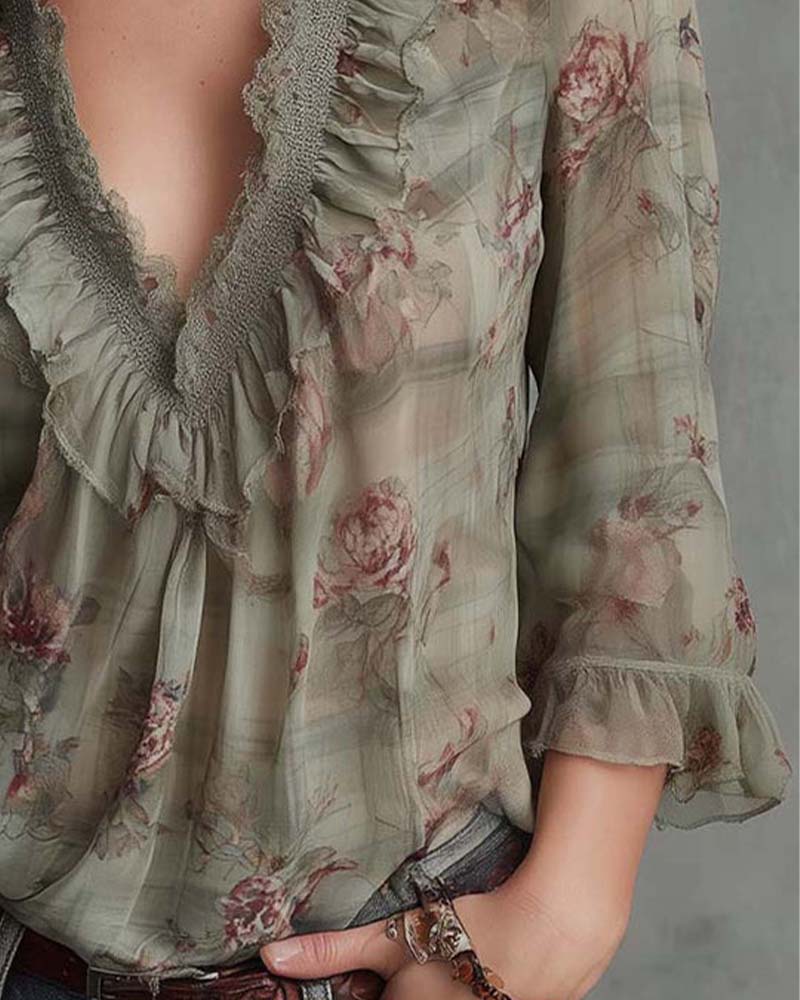 BLUSA FLORAL CUELLO DE V FRUNCIDO