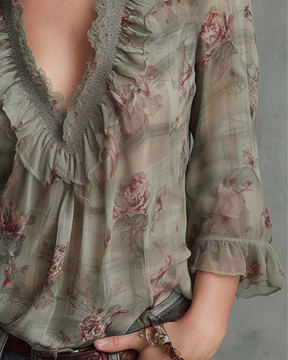 BLUSA FLORAL CUELLO DE V FRUNCIDO
