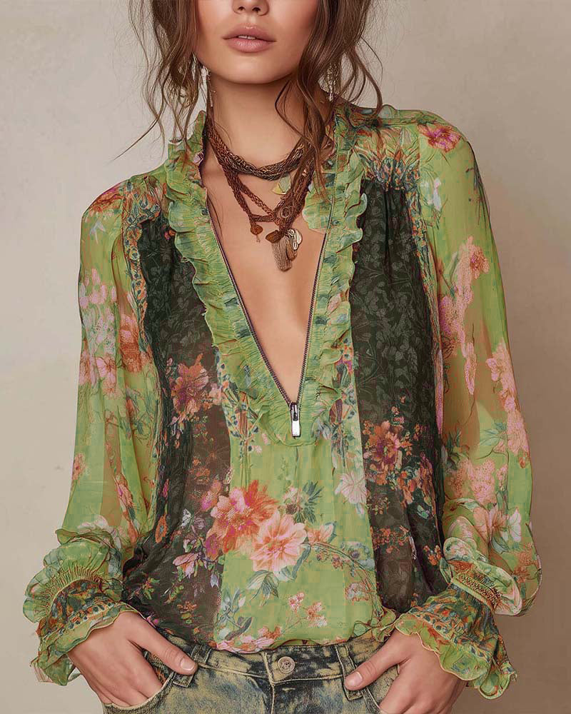 MEDIA CREMALLERA ESTAMPADO FLORAL BLUSA
