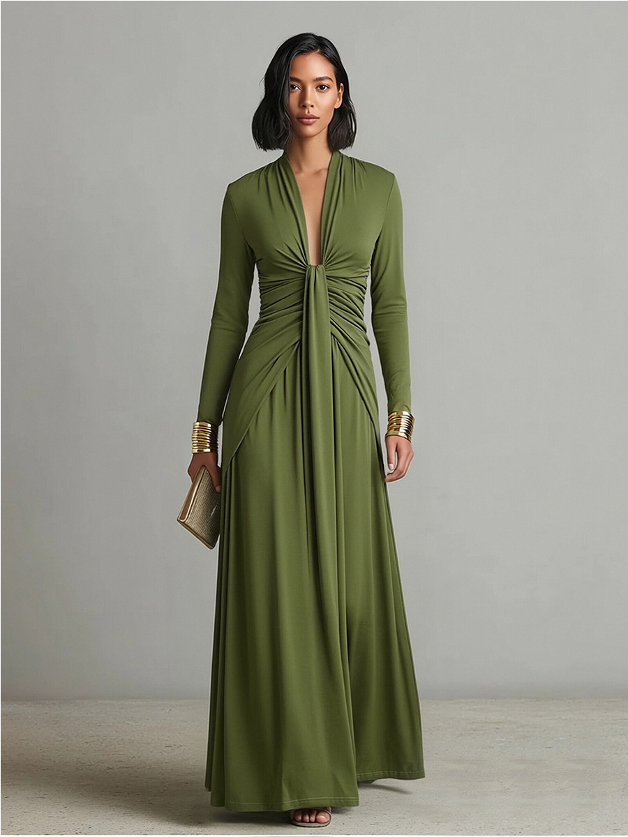 SOLÈNE | VESTIDO LARGO DE SEDA VERDE OLIVA CON ESCOTE EN V PROFUNDO