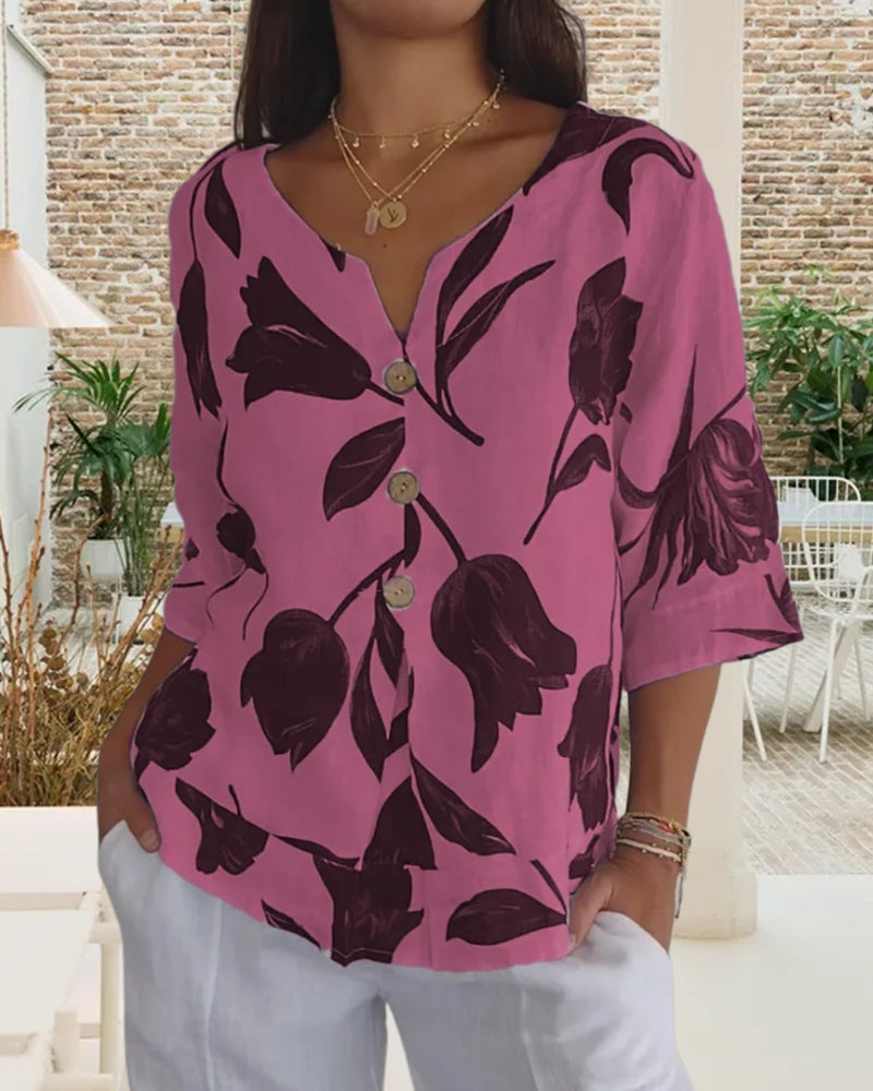 TOP ABOTONADO DE ALGODÓN Y LINO ESTAMPADO FLORAL