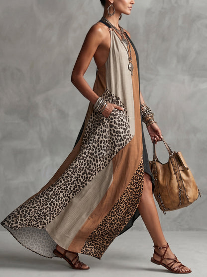 LUCIA | VESTIDO LARGO HALTER CON ESTAMPADO DE LEOPARDO Y DETALLES ASIMÉTRICOS