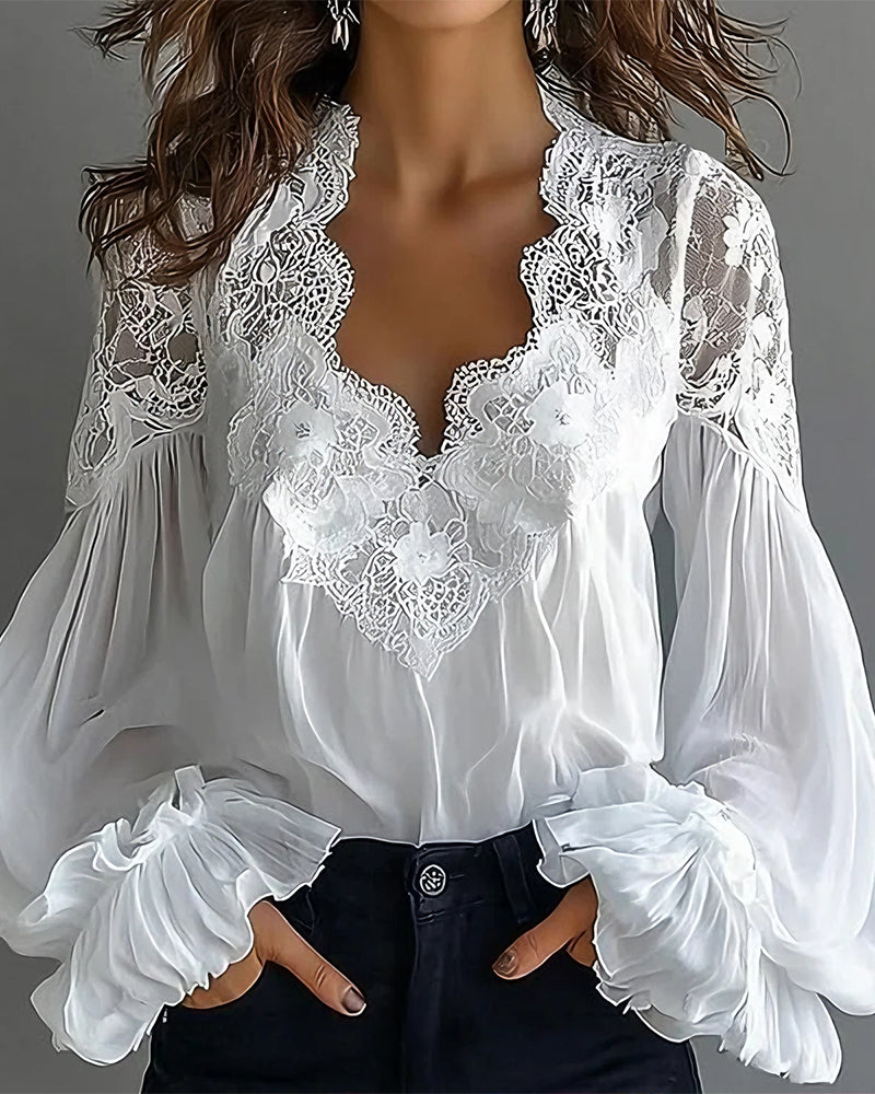 BLUSA ENCAJE PATCHWORK CUELLO DE V