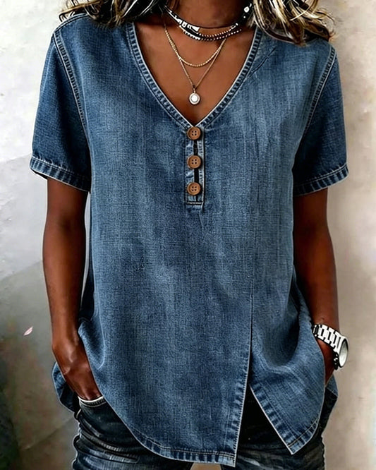 BLUSA DE DENIM CON CUELLO DE V CON ABERTURA