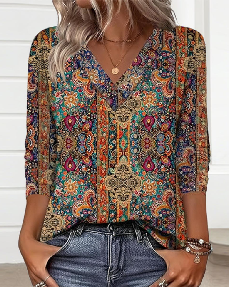 BLUSA RETRO ESTAMPADO ESCOTE DE V