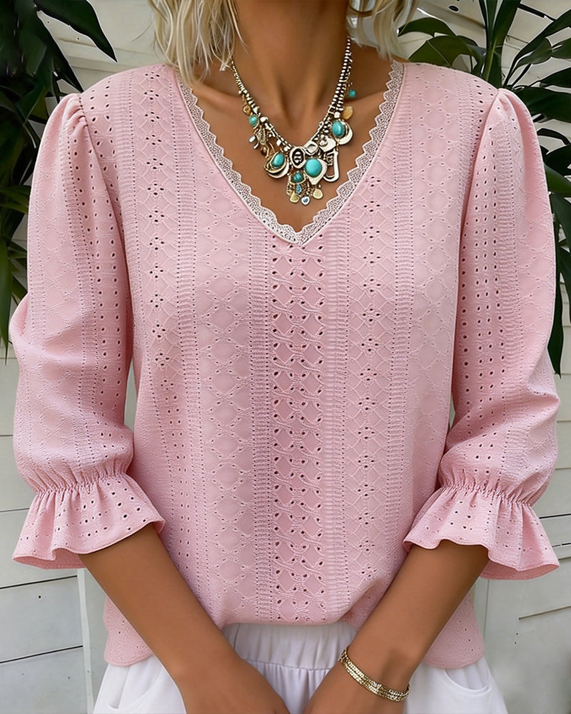 CAMISETA ELEGANTE CUELLO DE V ENCAJE CALADO
