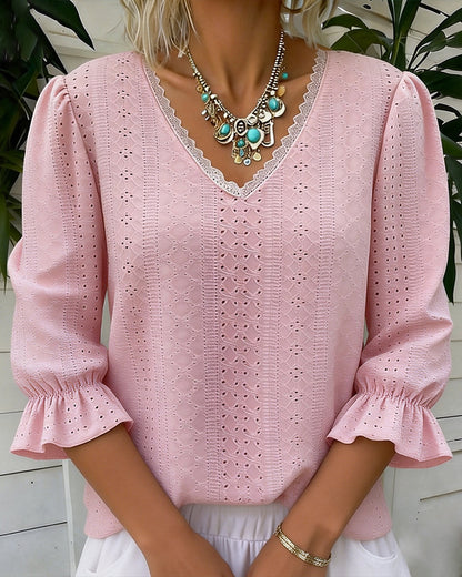CAMISETA ELEGANTE CUELLO DE V ENCAJE CALADO