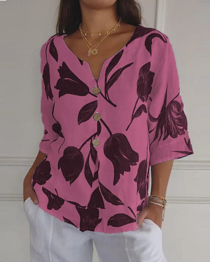 TOP ABOTONADO DE ALGODÓN Y LINO ESTAMPADO FLORAL