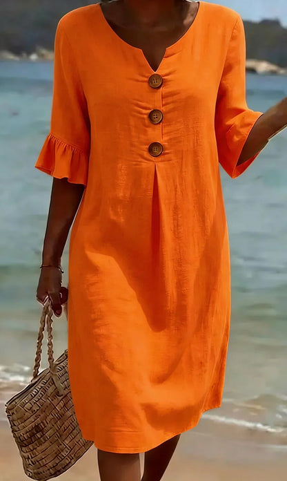 MONICA | VESTIDO ABOTONADO EFECTO LINO CON MANGAS ABULLONADAS