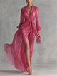 MAYLIS | VESTIDO LARGO DE GASA ROSA CON CUELLO EN V