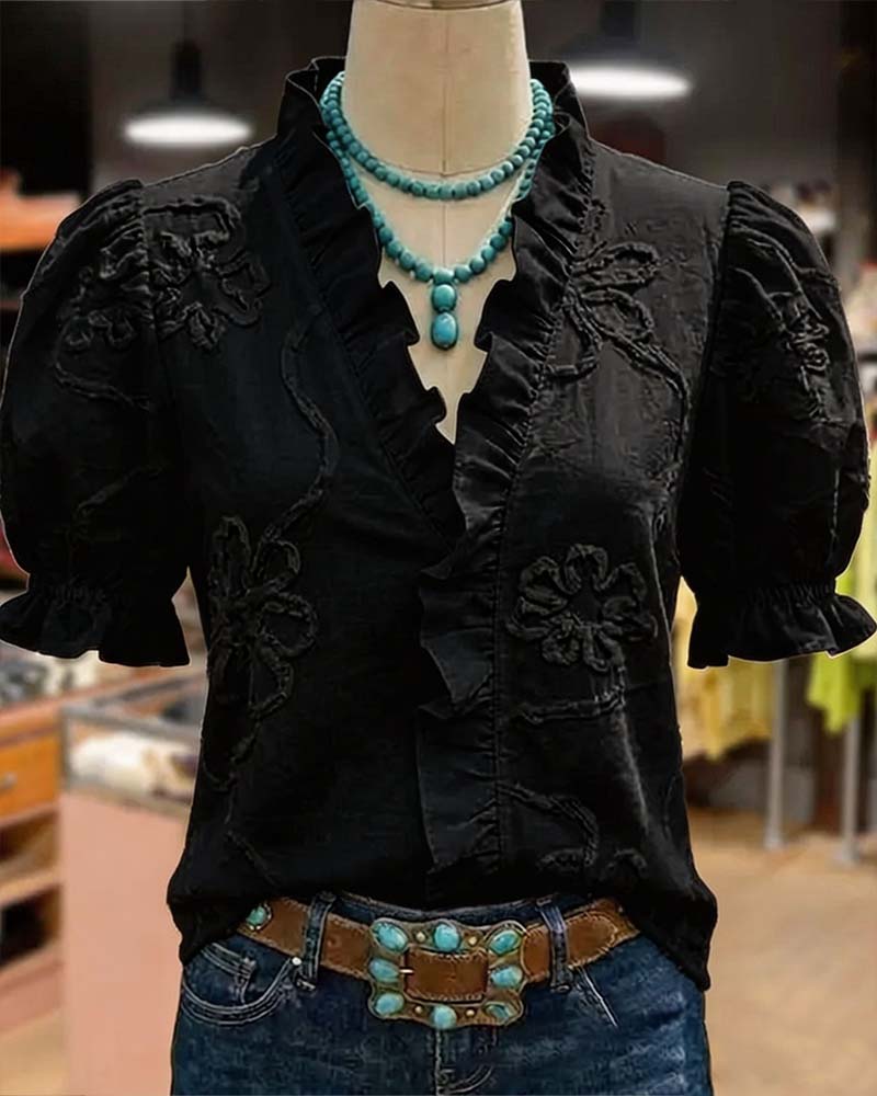 BLUSA CUELLO DE V BORDE CON VOLANTES MANGA ABULLONADA