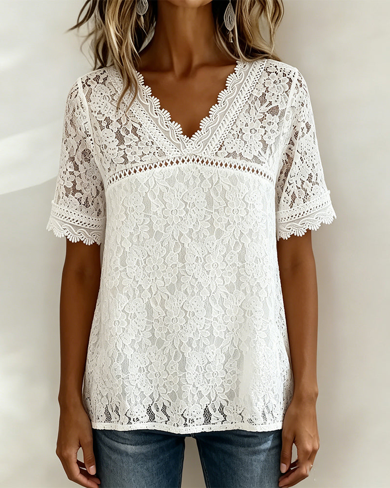 BLUSA LISO MANGA CORTA DE ENCAJE