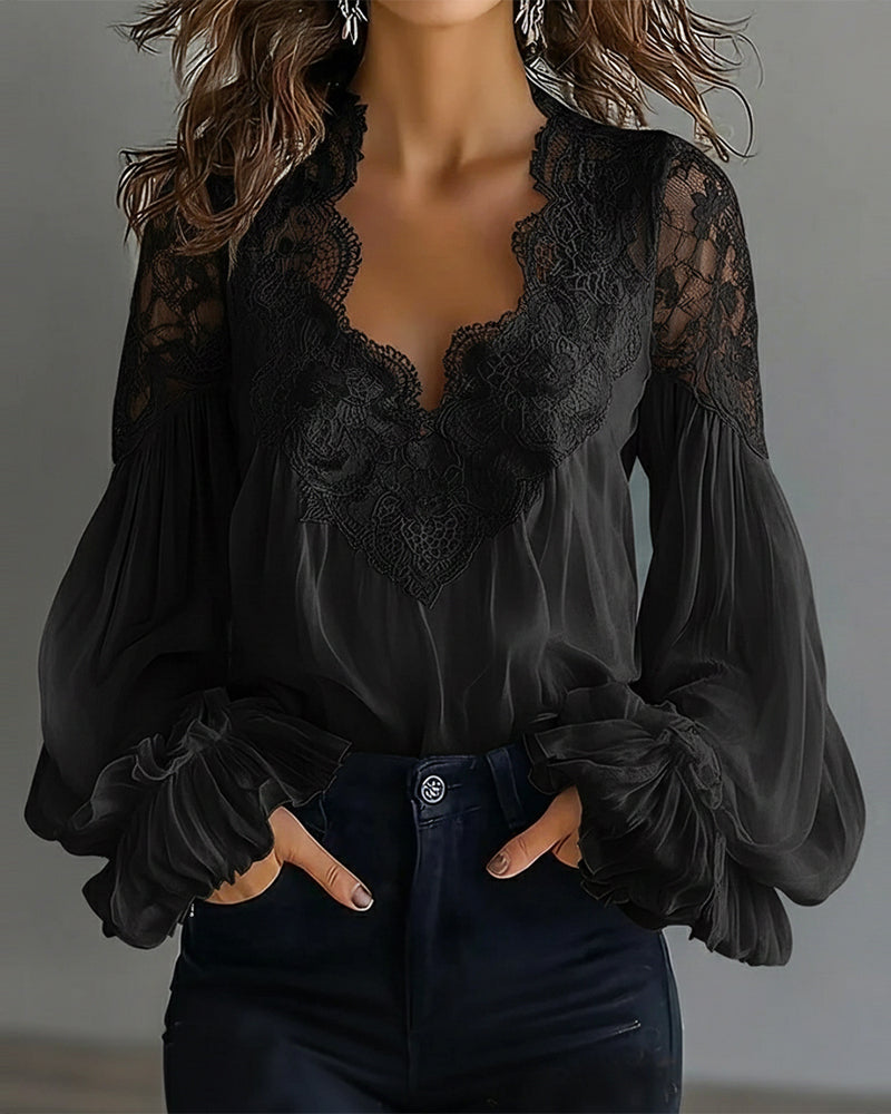 BLUSA ENCAJE PATCHWORK CUELLO DE V