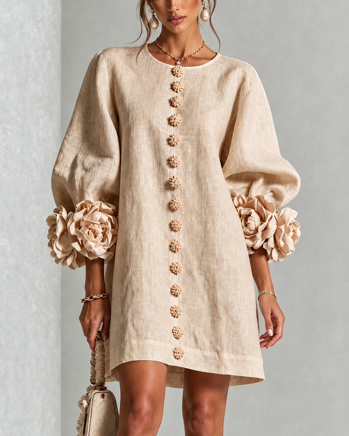 VESTIDO CORTO BLANCO FLORAL ABOTONADO CON MANGAS FLORALES