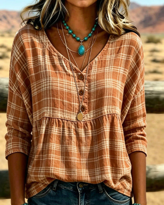 BLUSA VINTAGE CUADROS CUELLO DE V