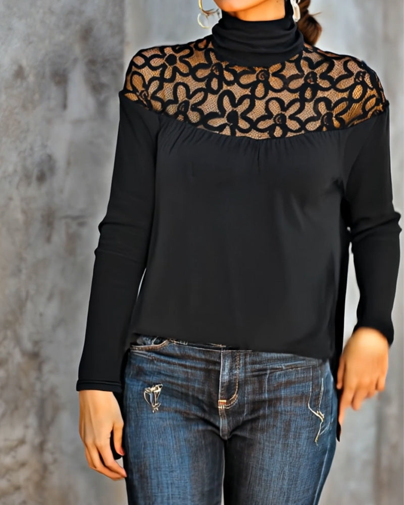 TOP CUELLO ALTO ENCAJE TRANSPARENTE DE PUNTO
