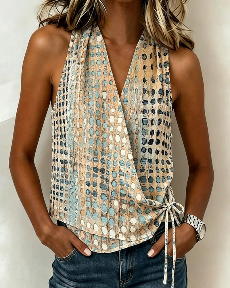 BLUSA CUELLO DE V CRUZADO HALTER LUNARES SIN MANGAS
