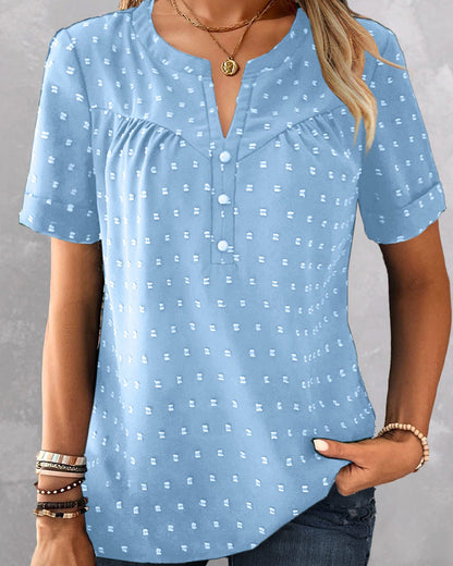 BLUSA JACQUARD CUELLO DE V MEDIO-TAPETA MANGA CORTA