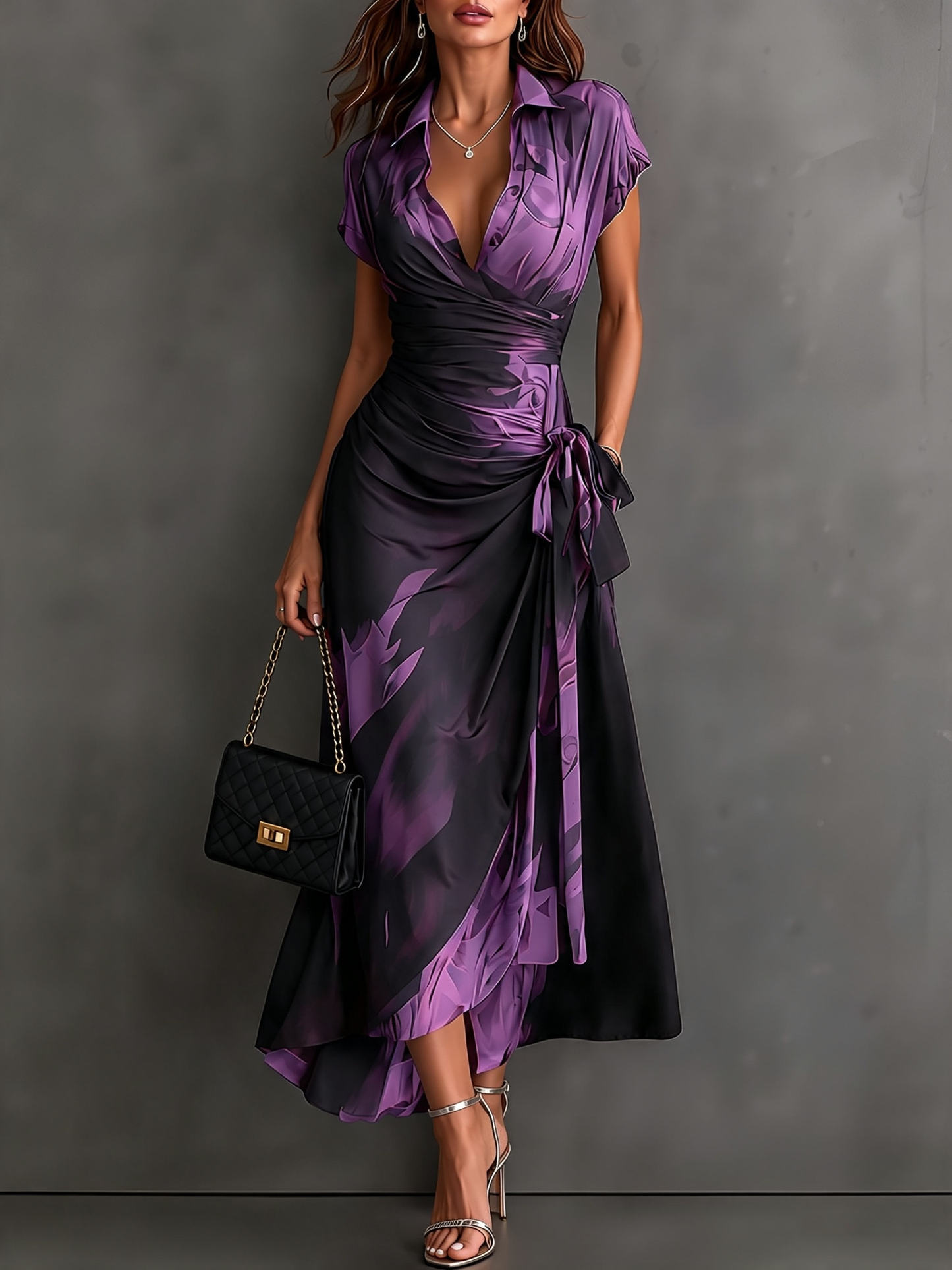 VESTIDO MIDI CRUZADO CON ESTAMPADO ABSTRACTO ROJO Y NEGRO, CUELLO CAMISERO CON ESCOTE EN V, MANGA CORTA, CINTURA ANUDADA Y BAJO ASIMÉTRICO CON VOLANTE