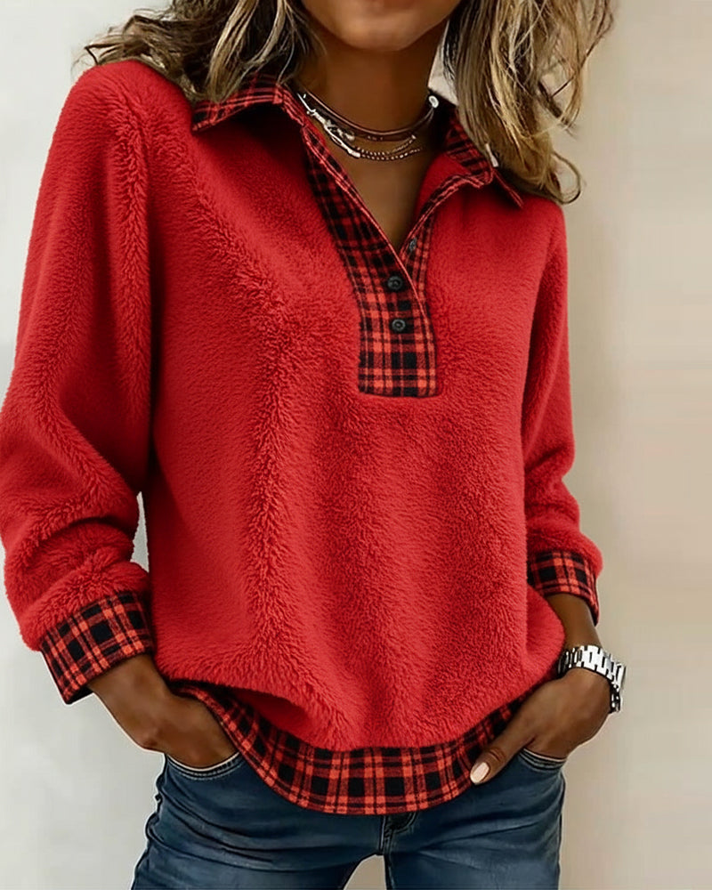 TOP CUELLO CON CUADROS PATCHWORK COLOR LISO