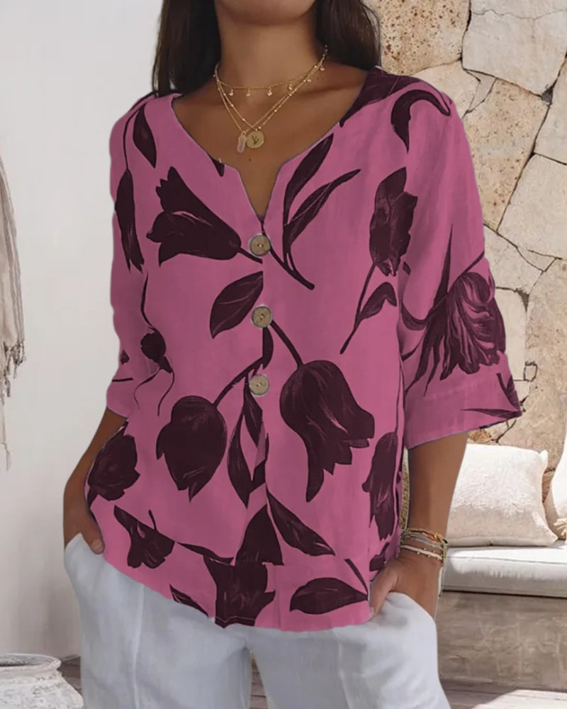 TOP ABOTONADO DE ALGODÓN Y LINO ESTAMPADO FLORAL