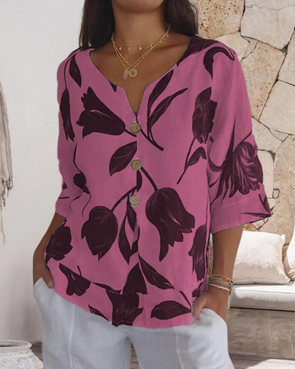 TOP ABOTONADO DE ALGODÓN Y LINO ESTAMPADO FLORAL