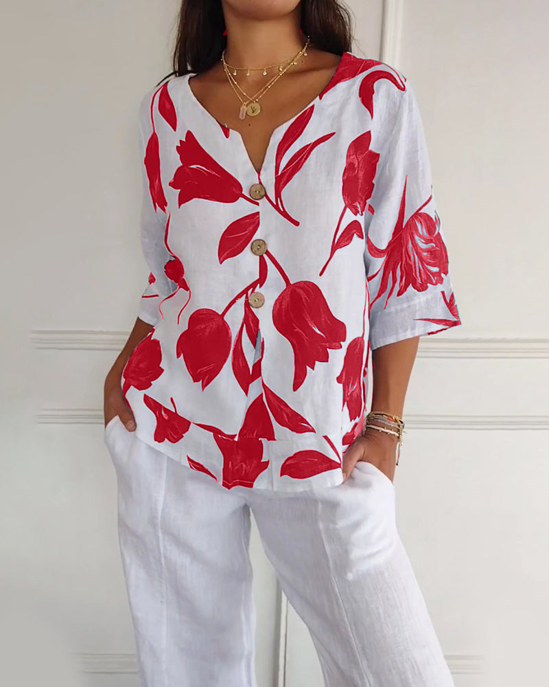 TOP ABOTONADO DE ALGODÓN Y LINO ESTAMPADO FLORAL
