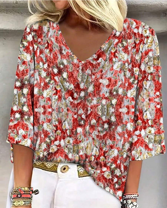 BLUSA ESTAMPADO FLORAL CUELLO DE V MANGA TRES CUARTOS