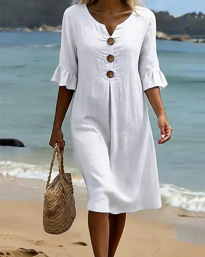 MONICA | VESTIDO ABOTONADO EFECTO LINO CON MANGAS ABULLONADAS