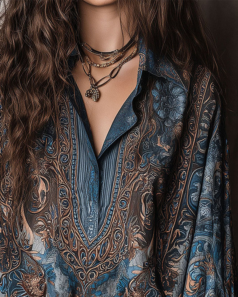 BLUSA RETRO ESTAMPADO CUELLO DE V SOLAPA SOFISTICADO