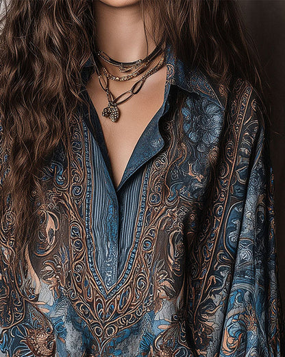 BLUSA RETRO ESTAMPADO CUELLO DE V SOLAPA SOFISTICADO