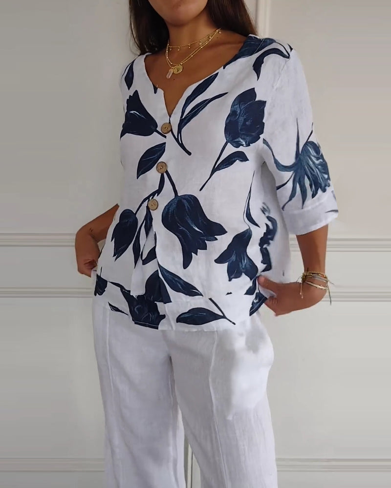 TOP ABOTONADO DE ALGODÓN Y LINO ESTAMPADO FLORAL