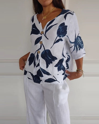 TOP ABOTONADO DE ALGODÓN Y LINO ESTAMPADO FLORAL