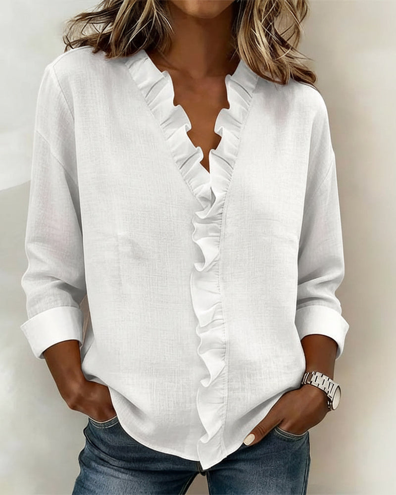 BLUSA FRUNCIDO CUELLO DE V MANGA LARGA