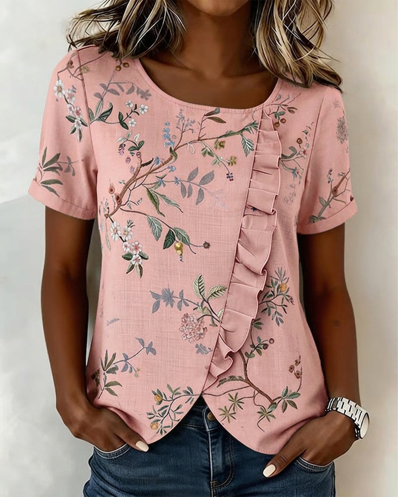 BLUSA CUELLO REDONDO MANGA CORTA CON VOLANTES FLORAL